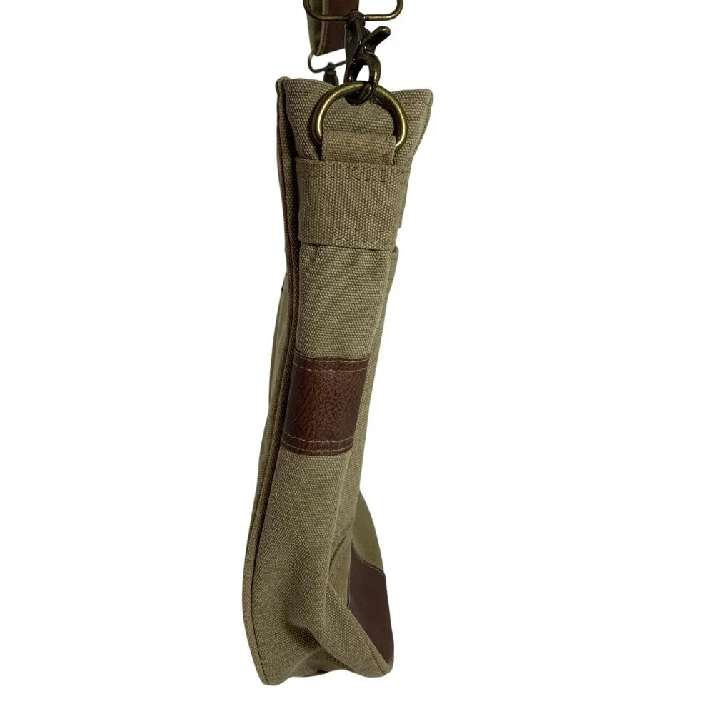 Heavy Khaki Canvas Faux Leather Trim Messenger Satchel Crossbody Bag Pockets EUC